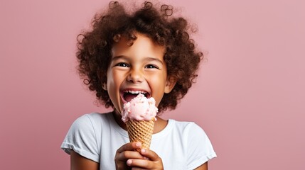 Cute kid with a strawberry Ice Cream and a flake.
