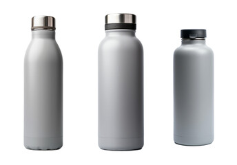 Conjunto de botellas metálicas estilo termo en fondo transparente.