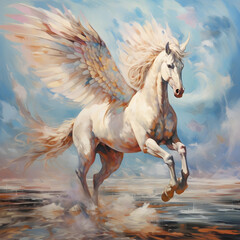 Obraz na płótnie Canvas pegasus flying in the sky, painting for home tv, in the style of powerful symbolism, oil painting 