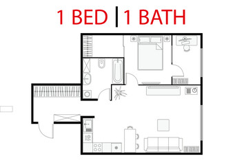 Plan floor apartment. Studio, condominium. One bedroom layout floor plan. Interior design elements kitchen, bedroom, bathroom with furniture symbol. Vector floorplan. Architectural plan.