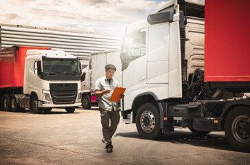 Truck Drivers Holding Clipboard Checking Truck Wheels Tires. Maintenance Checklist. Truck...