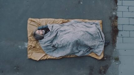 Drone view of Old homeless man wearing sweater and blanket sleeping on cardboard seeking help because hungry and food beggar from people walking pass on street. Poor man homeless and depression concep