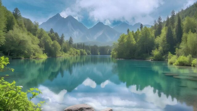 Immerse yourself in the beauty of a summer day, as you gaze upon a clear blue lake surrounded by lush greenery and a cloudless blue sky
