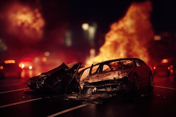urban car incident in at night, involving damaged and smashed car wrecks. After a street accident collision, rollover of smoking generic cars crashed and burning. Concept of drink and drive dangers
