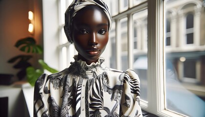 A creative concept high-fashion portrait featuring an elegant Black woman in vintage attire.