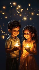 A Young Indian Couple Celebrating Diwali with LED Wicks and Poses, Fictional People Created by Generative AI.