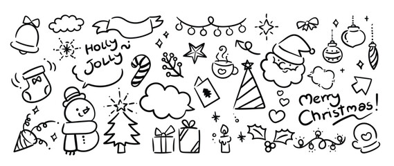 Merry Christmas and winter season doodle element vector. Set of bauble ball, santa, snowman, bell, tree, candle, holly, gift, cup, sock, candy cane. Happy holiday collection for kids, decorative. © TWINS DESIGN STUDIO
