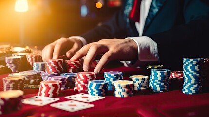 Gambling concept. Close up of Poker Player male hand throwing dice at casino, gambling club. ?asino chips or Casino tokens, poker cards, gambling man lucky guy spending time in games of chance.
 - obrazy, fototapety, plakaty
