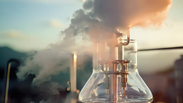Closeup of a distillation tower with vapor streams dramatically rising, representing the process of separating biofuels from other organic compounds.