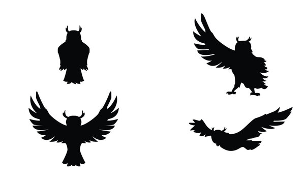 owl 4 diiferent poses silhouettes set