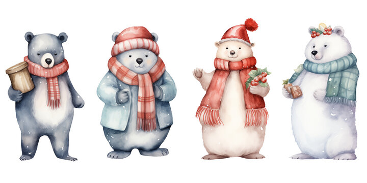 Enchanting Watercolor Collection: Isolated Characters on White Background, Featuring Polar Bear, Fox, Penguin, Snowman, and Santa Claus