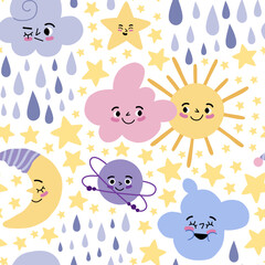 Cartoon kids weather characters. Cute baby meteorological elements, positive emotions, funny faces, kawaii style emoticons, vector set