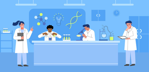 Scientific laboratory with scientists in work process. Lab interior with staff, chemical, medical experiments and study, vector illustration