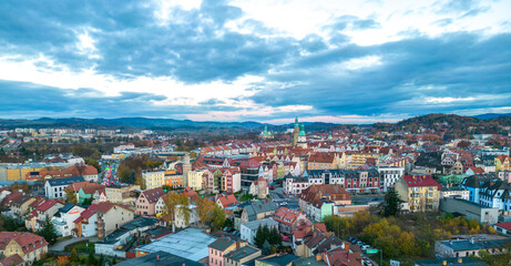 Panorama of the city of Jelenia Góra in Poland at sunset