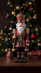 A nutcracker toy with a funny expression placed in front of the Christmas tree.