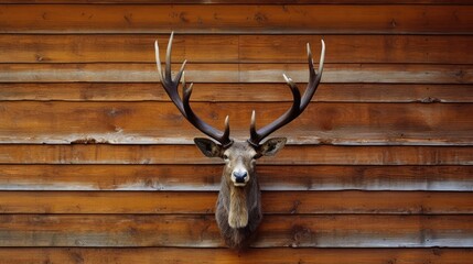 Moose antlers on log cabin wall, Wiseman, Alaska, USA.
