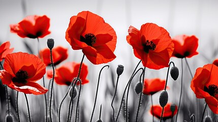 Red poppies against black and white background.
