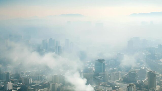 Aerial view of a city with low smoke emissions contrasted against a congested city full of smog, highlighting the difference that carbon emission control can make.