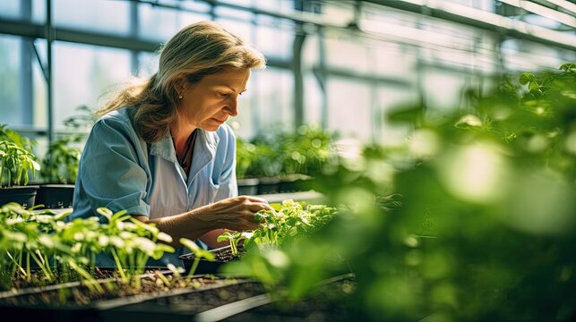 Senior woman analyzing plants in greenhouse. Female greenhouse technician checking plants in the commercial greenhouse.

