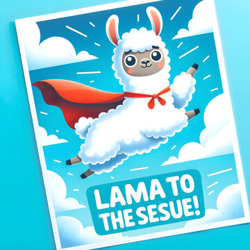 Photo of a cartoon llama wearing a superhero cape, flying through the sky. The background is a bright blue with fluffy clouds.png Generative AI