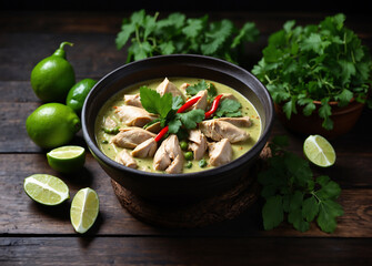 Chicken green curry, Thai food, placed on the table
