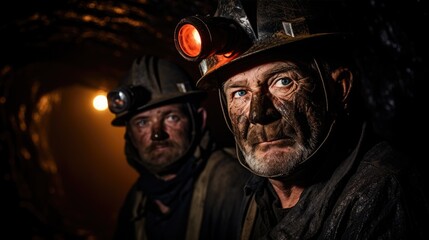 Two coal miners in mine shaft.
