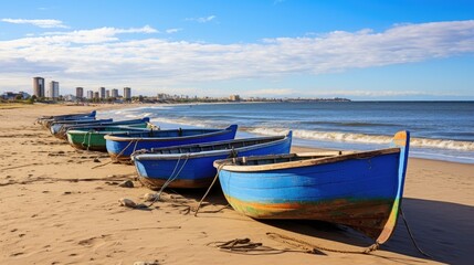 Fototapeta na wymiar Uruguay, Punta del Este, boats on beach. 