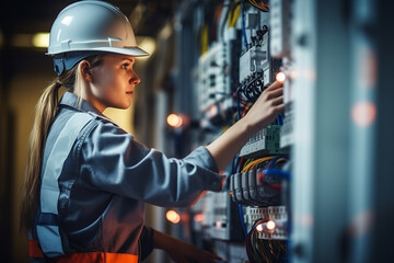 Portrait of female industrial electrician checking voltage and installations in power plan