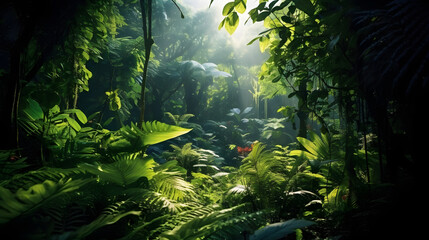As sunlight filters through the rainforest's dense canopy, it adds a refreshing touch, unveiling the thriving and serene tropical beauty within the lush greenery.