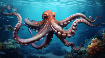 Fototapeta na wymiar Octopus in water. Swimming animal picture in blue