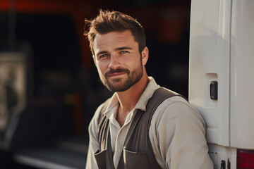 Portrait of Handsome young construction worker with commercial van on background - obrazy, fototapety, plakaty