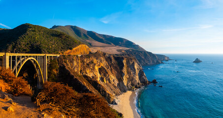 Bixby Bridge and Pacific Coast Highway at sunset,California