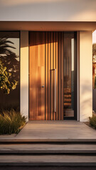 A clean, modern style front door with warm sunlight shining through.