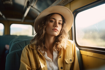 Portrait of young female tourist traveling by train