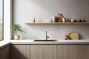 Interior of modern kitchen with countertop, sink, faucet and plant