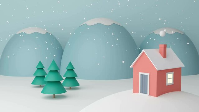 Small house in the winter mountains. Landscape with snow-filled areas. 3d animation of winter landscape with cloud,  fir trees and mountains. Alpine hut. Ski resort hotel. 3D house video movie