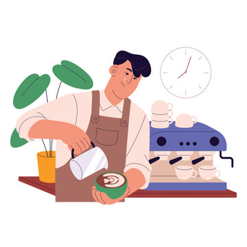 Professional barista making latte art. Cafe worker pour milk, crema in coffee cup. Young man work in coffeeshop, brew beverages with espresso machine. Flat isolated vector illustration on white