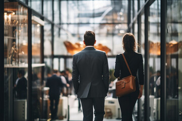 Rear view of two business people walking in office