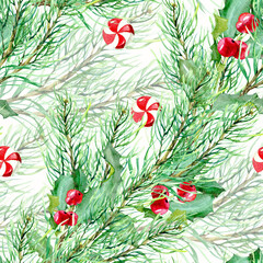 Obraz na płótnie Canvas Watercolor Christmas seamless pattern. Hand drawn background with evergreen pine branch, red candy, bow and holly. Isolated on white background for new year packing, label, logo decoration