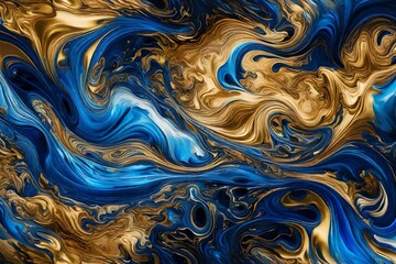 Vivid sapphire blue and molten gold fluids dancing together in a surreal abstract symphony of colors.