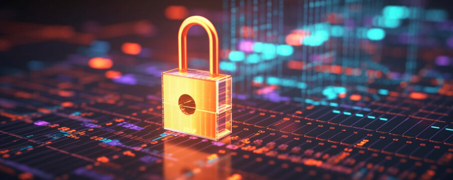 Security System Design Concept, Low Angle View Close-up On Multi Colored Programming Language Code And An Open 3D Glowing Wire Mesh Padlock Model In Orange Color