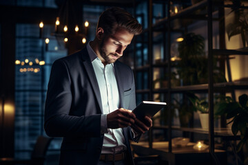 Naklejka na ściany i meble Shot of a handsome young businessman using a digital tablet while working late in his office