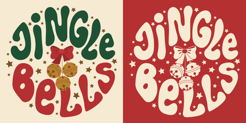 Retro groovy lettering Jingle Bells with stars in yellow red green colors. Round slogan in vintage style 60s 70s. Trendy groovy print design for background, posters, cards, tshirts. - obrazy, fototapety, plakaty
