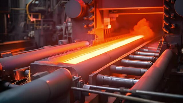 Closeup shot of a steel rolling mill, capturing the mechanical processes of heating, rolling, and cooling steel bars or sheets to specific thicknesses for structural use.