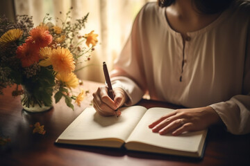 Shot of a young woman writing in a diary at home