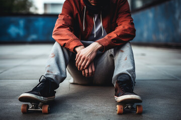 Skateboard, fashion or man with arms crossed in city skate park for stunt training, hobby exercise or freestyle skating in top view, Portrait, skater or skateboarder lying on concrete ground or floor