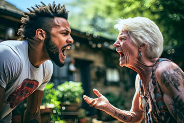 Old tattooed short-haired white woman and young black man arguing loudly with open mouths - obrazy, fototapety, plakaty