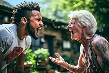 Fotobehang Old tattooed short-haired white woman and young black man arguing loudly with open mouths © Frank