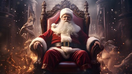 Der Weihnachtsmann sitzt auf seinem Thron im Weihnachtsdorf / Santa zu Hause am Nordpol / Weihnachtsmann Poster / Frame TV Art - Christmas Wallpaper / Ai-Ki generiert - obrazy, fototapety, plakaty