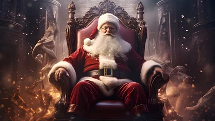 Fotobehang Der Weihnachtsmann sitzt auf seinem Thron im Weihnachtsdorf / Santa zu Hause am Nordpol / Weihnachtsmann Poster / Frame TV Art - Christmas Wallpaper / Ai-Ki generiert © Chris